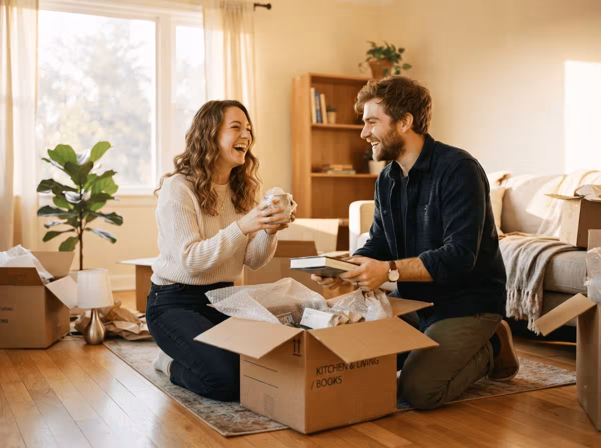 Warm lifestyle scene depicting a family moving into a new home